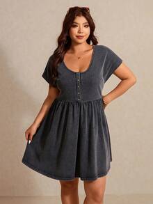 Elaquor Plus Size Women Casual Washed Short Sleeve Dress, Spring/Summer Casual Vacation Dress For Women, Summer Dresses - Black - View 8