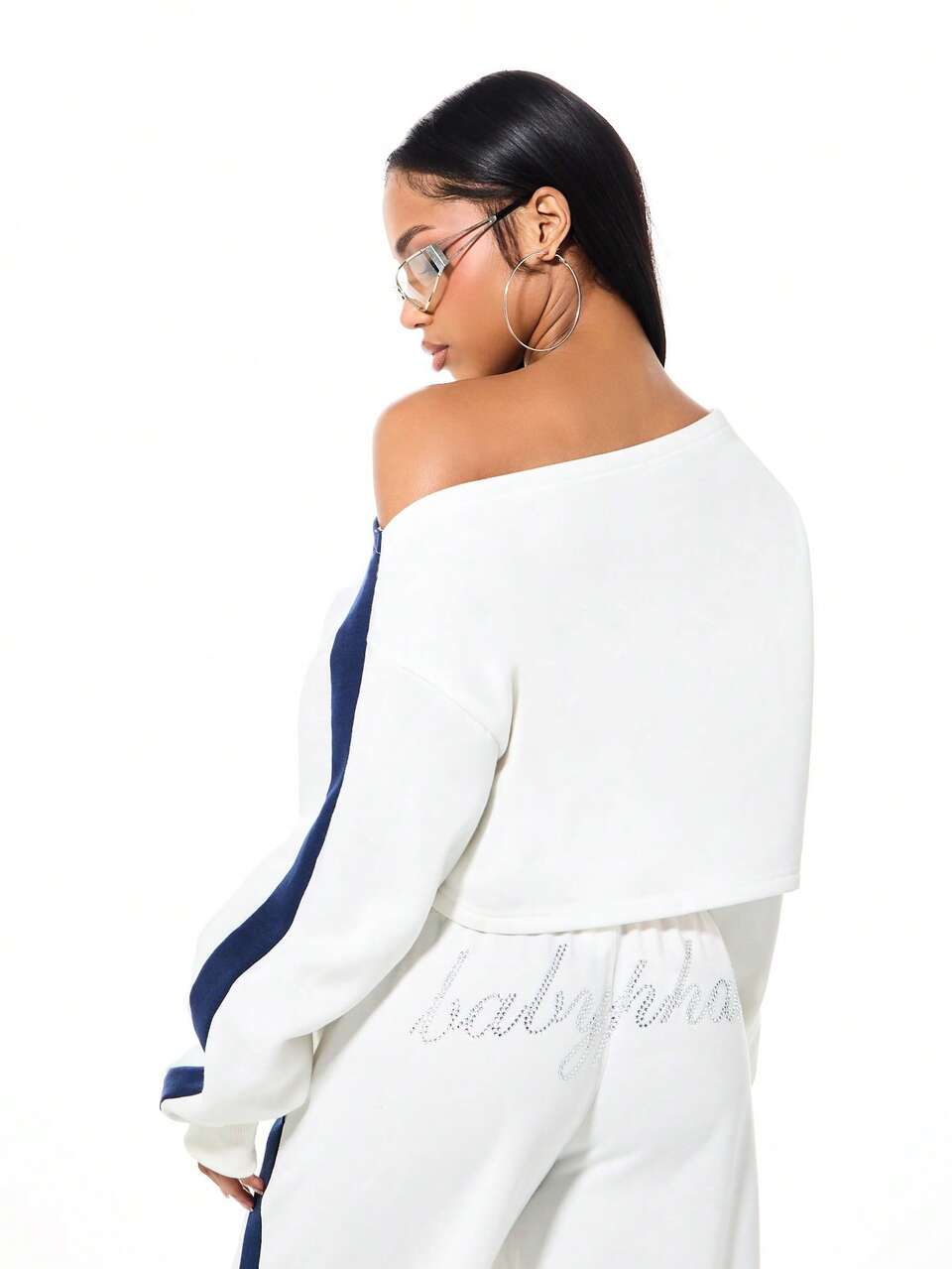 BABYPHAT Women Asymmetrical Shoulder Cropped Sweatshirt With Rhinestones Long Sleeve Navy Contrast Trim Winter Fall Casual Pullover Top