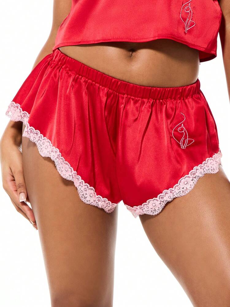 BABYPHAT Luxurious Satin Pajama Shorts With Delicate Lace Trim And Rose Embroidery Detail For Sleepwear Comfort