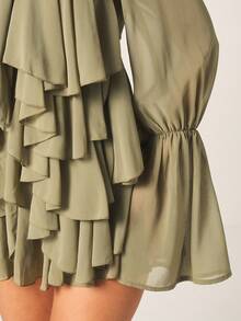 MISSGUIDED Olive Chiffon Tie Neck Ruffled Mini Dress With Volume Balloon Sleeves And Tiered Frills For Fall Winter Special Occasions - Olive Green - View 2