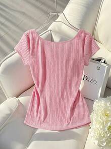 Franclia Women's Solid Color Round Neck Short Sleeve Fitted Casual T-Shirt - Pink - View 2