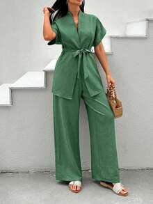 EURMUSE Pink Two  Pieces Cozy Sets - Dark Green - View 5