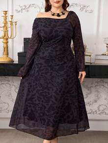 Modelyn Plus Size Long Sleeve Elastic Mesh Printed Double Layer Fitted Waist Knit Elegant Dress For Women - Multicolor - View 3