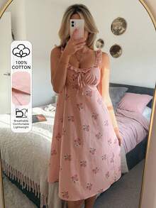 DAZY Ditsy Floral Ruffle Hem Waist Cinched Mid-Length Women Nightgown - Pink - View 1