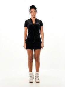 BABYPHAT Đầm ngắn bằng vải nhung mềm mại, có khóa kéo phía trước, tay ngắn và dây rút ở eo, thích hợp cho các dịp thường ngày, tiệc tùng hoặc buổi tối. - màu đen - Xem 3