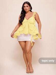 SHEIN BAE Plus Size Women Solid Color Sweetheart Collar Asymmetrical Ruffle Hem Camisole Top - Yellow - View 7