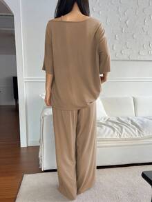 DAZY 女款極簡純色針織細肩帶背心與短褲家居服套裝睡衣 - 卡其色 - 查看 2