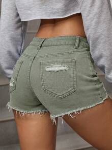 SHEIN Tall 高个女式夏季低腰破洞毛边牛仔短裤 - 綠色 - 查看 2