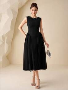 Modelyn Gaun Chiffon Hitam Lengan Pendek Leher Bulat dengan Hiasan Mutiara, Pakaian Sehari-hari yang Elegan - Hitam - View 5