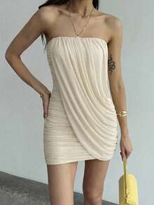 Aloruh 褶皱胸部优雅浪漫修身迷你连衣裙 - 杏色 - 查看 4