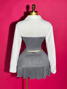 Mistrie Women's Contrast Stripe Lapel Casual Collegiate Long Sleeve Shirt - Grey - View 2