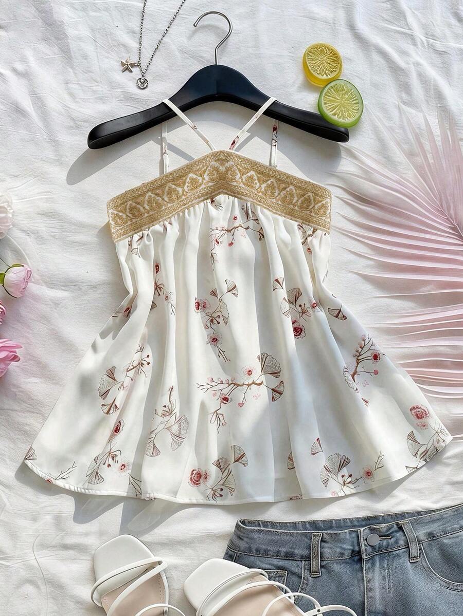 Airaco Top de verano elegante con estampado floral y cuello halter - Blanco - Ver 1