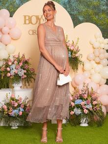 Loomaby 优雅V领无袖亮面长款孕妇连衣裙 - 棕色 - 查看 2