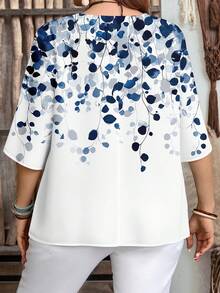 EMERY ROSE Plus Size Elegant Blue & White Leaf Print Casual Shirt, Suitable For Summer - Multicolor - View 2