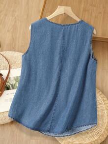 Rusticease Plus Size Summer Casual Loose V-Neck Sleeveless Denim Blouse With Button Decor Beach - Blue - View 5