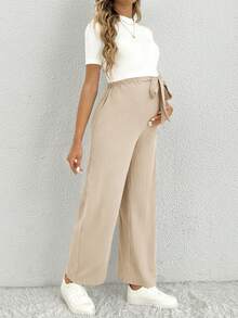 SHEIN Quần ống rộng màu trơn thắt eo đơn giản cho bà bầu - Màu be - Xem 4