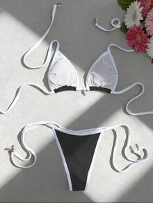 SHEIN Swim 两件套女士沙滩装，时尚可爱，适合度假、海滩、派对、游艇穿着，纯色搭配撞色贝壳装饰，可调节露背吊带三角比基尼上衣和侧系带比基尼泳裤套装 - 彩色 - 查看 2