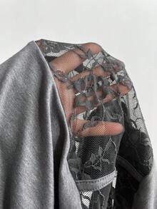 Elamini Vestido casual de mujer con mangas cortas, parches de encaje y pliegues, ropa gótica de encaje, camiseta de encaje al por mayor, camiseta corset, blusas de manga corta para mujer, vestido ajustado para mujer, vestido con inserciones de encaje - Gris - Ver 8