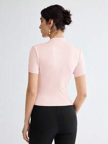 BizChic Spring/Summer New Shallow V-Neck Shoulder Ruched Metal Button Decor Fitted Waist Women's T-Shirt, Suitable For Office, Formal, Elegant Urban Commute, Daily Casual, Romantic 90s Retro, Party, Wedding Guest, Bridesmaid, Hostess, Outing, Social, Date, Party, Concert, Graduation, Breakfast, Airport - Pink - View 2
