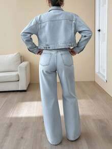 EURMUSE Jacket And Jean Two Pieces Set High Waist Denim Jean Crop Jacket - Light Wash - View 2