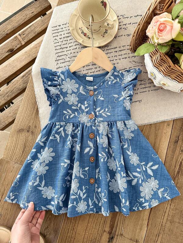 LMoss Kids Blue Sleeveless Flared Sleeve Floral Dress,Kids