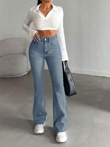 SHEIN 98%Cotton High-Waist Original Boot Cut Jeans Tall - Baby Blue - View 4