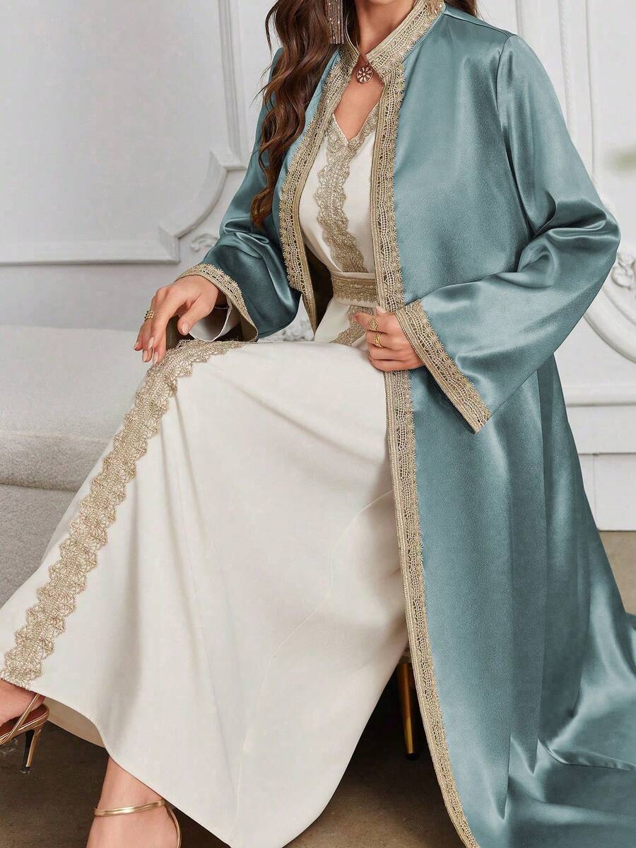 Layrah 女士水溶性蕾丝拼接长袍套装，含外套，摩洛哥卡夫坦穆斯林时尚长袍，适合节日/聚会，优雅奢华晚宴风格 - 薄荷綠 - 查看 1