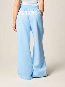 Missguided x Playboy 宽松阔腿慢跑裤，配有抽绳腰带和印花图案，休闲舒适 - 藍色 - 查看 2