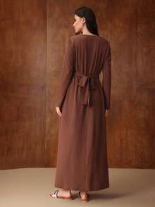 Graceveil Đầm dài tay cổ bẻ buộc dây màu cà phê dành cho nữ, kiểu dáng thường ngày. - Cà phê nâu - Xem 6