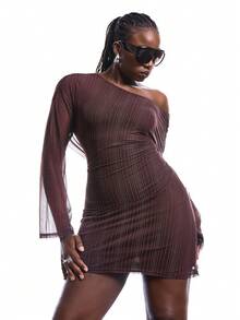 LYSMO Plus Size Burgundy Autumn Classy Night Out Club Sequin Hooded Semi-Sheer Mesh Dress For Women,See Through Long Sleeve One Shoulder Bodycon Party Dress - Brown - View 8