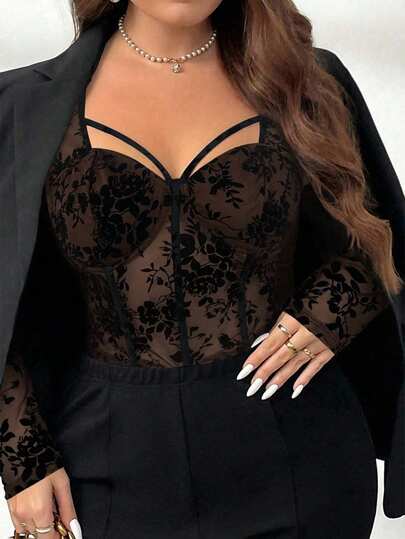 Firerie Plus Size Women's Solid Black Long Sleeve Lace T-Shirt