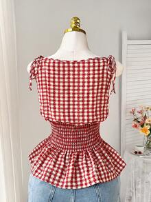 Comfortcana Plus Size Women Plaid Tie Shoulder Drawstring Waist Ruffle Hem Sleeveless Blouse, Summer 2026 New Arrival Tops - Red - View 2