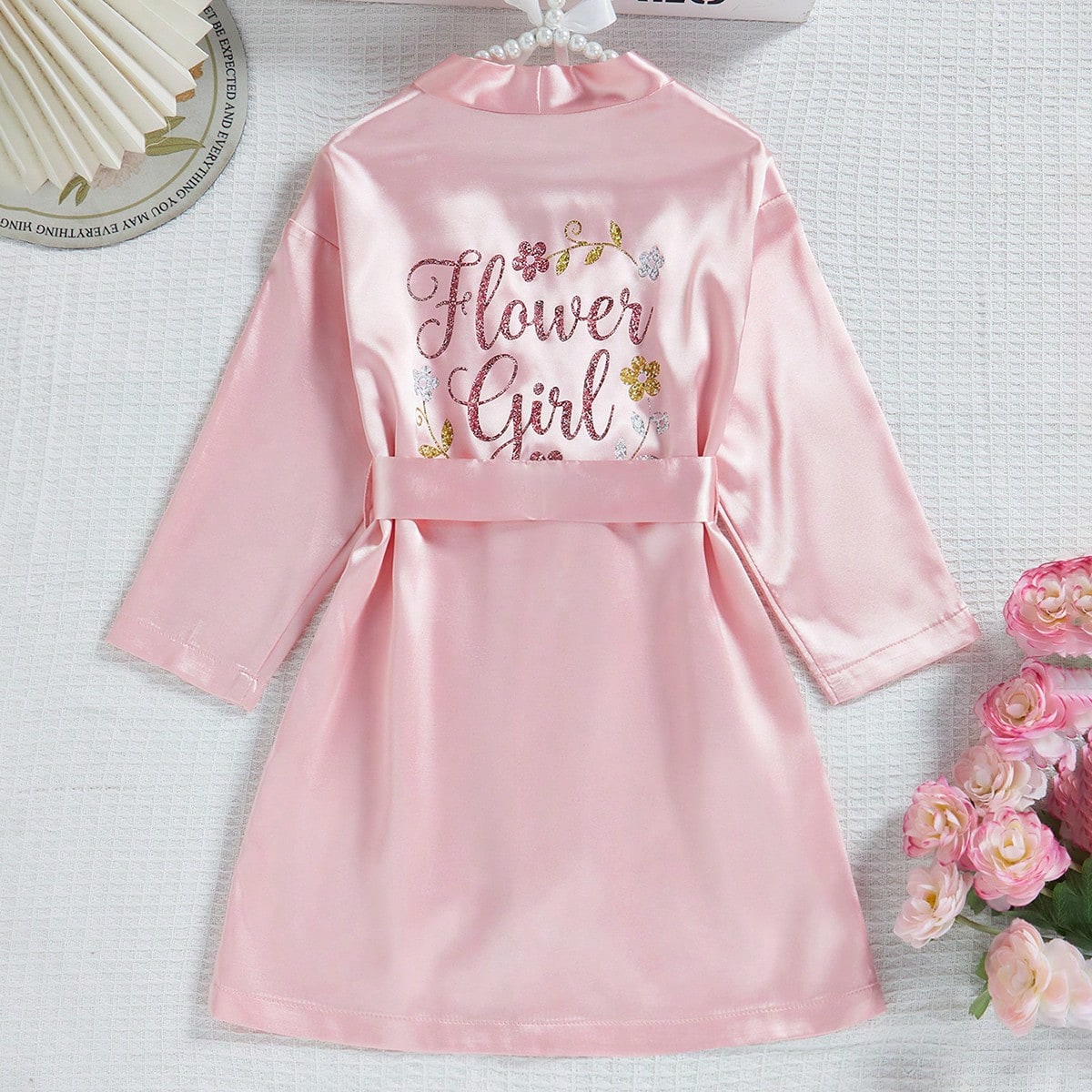 Pijama de bata de satén rosa con estampado floral de manga larga y cintura con lazo para niñas