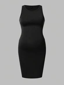 Modmama Maternity Solid Color + Striped Print Fitted Sleeveless Dress - Black - View 10