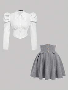SHEIN MOD Plus Size Vintage Palace Style 2-Piece Set, Gigot Sleeve Shirt And High-Waisted Pleated Skirt, Spring/Summer Stylish 2-Piece Outfit - Grey - View 9