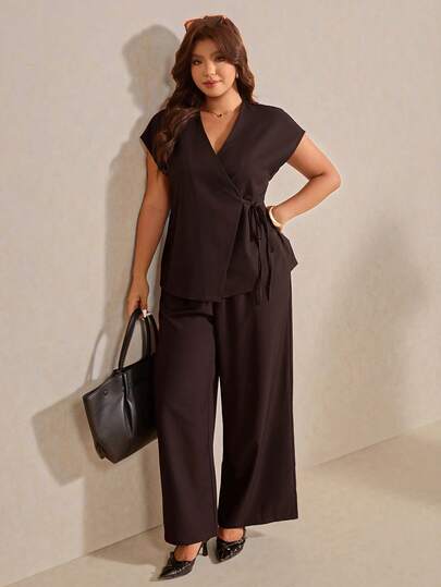 Elaquor Plus Size Casual Commuter Solid Color Tie Wrap Top And Pants Suit Set Plus Size Wrap Top Plus Size Long Pants Plus Size Black Outfit Curvy Women's Pants Plus Size Two Pieces Formal Set For Women Spring /Summer Suit Set For Women