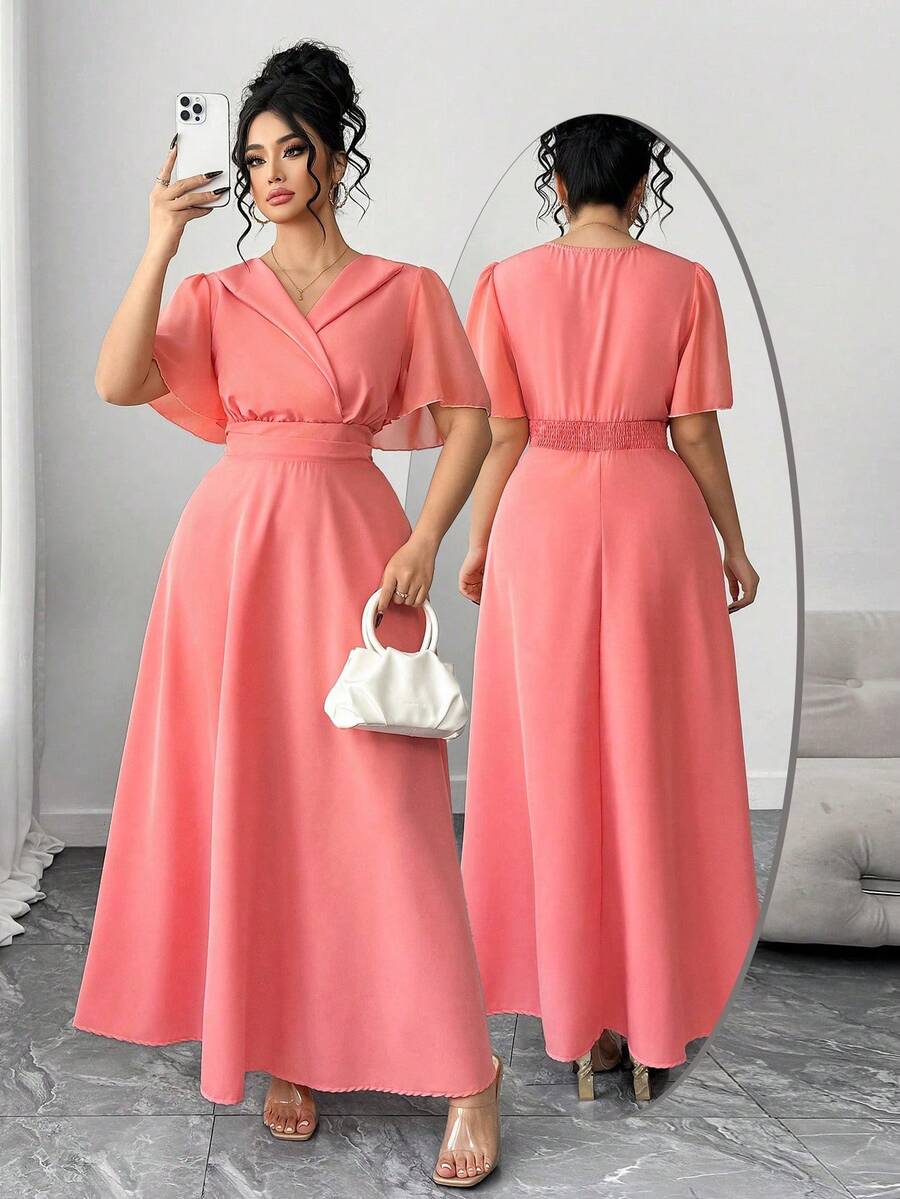 Elenzga Damen Große Größen V-Ausschnitt Geraffete Taille Patchwork Rüschenärmel Lässig Alltags Elegantes Kleid, Damen Große Größen V-Ausschnitt Kurzarm Bindegürtel Schlank Langes Kleid, Damen Große Größen Taille Eingeschnürt Schlank Midi A-Linie Kleid - Korallenrosa - Übersicht 1