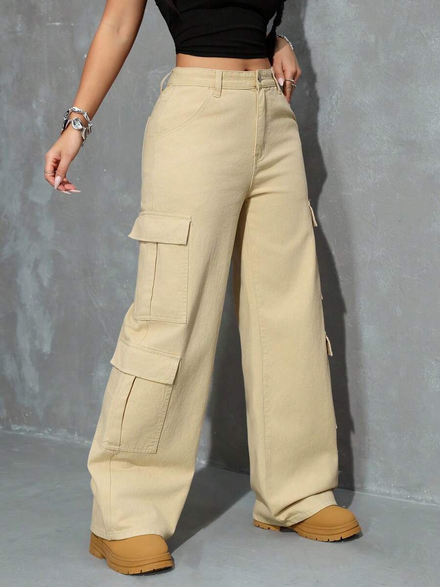 SHEIN EZwear 女士夏季拉链门襟翻盖口袋工装牛仔裤 - 卡其色 - 查看 1