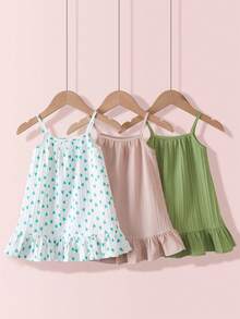 Souflis Souflis 3 Packs Baby Girl Kids Summer Outfits Casual Sweet Polka Dot Heart Print Ruffle Hem Sleeveless Cami A-Line Soft 3 Pieces Set Dresses Beach Vacation Dress Clothes For Summer Spring - Multicolor - View 2