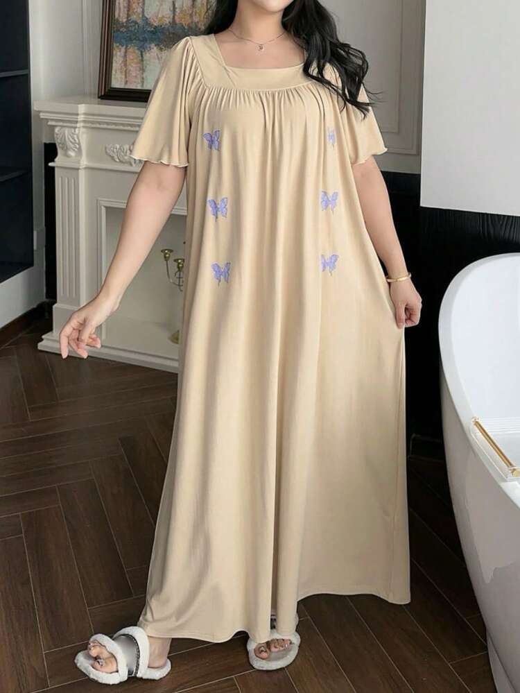Dazy Plus Plus Size Women Butterfly Print Pleated Casual Nightgown Dress