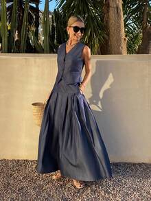 Livesso Spring & Summer Blue Denim-Look Sleeveless Blazer Vest Cardigan Top, Casual Office Minimalist Business Outfit With Pleated A-Line Skirt, 2-Piece Commuter Set For Women - Navy Blue - View 2