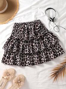 SHEIN Girls Leopard Print Layered Ruched Waist Casual Skirt, Suitable For Vacation, Outing And Daily Activities, Spring/Summer - Brown - View 1