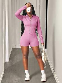 Slaydiva 女士长袖修身拉链领外套和短裤两件套 - 粉色 - 查看 4