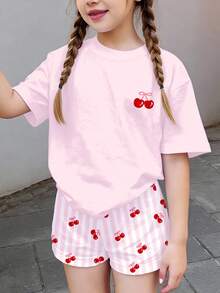 Tween Girls' Casual Cherry Print Dropped Shoulder Loose T-Shirt And Striped Shorts Set, Summer - White - View 3