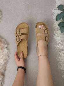 Sandalias de playa de moda para mujer con doble hebilla, suela de corcho ergonómica, planas de punta abierta, transpirables, versátiles y cómodas para caminar al aire libre - Tan - Ver 2