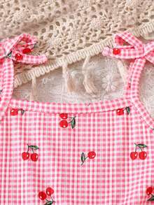 SHEIN Baby Girl Plaid Cherry Print Shoulder Bow Decor Jumpsuit - Pink - View 5