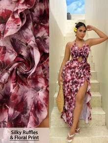 SHEIN SXY Plus Size Red Floral Tie-Dye Chiffon Ruffled Halter Dress With High Slit And Open Back; Long Swing Dress With Cutout Trim.Fashionable,Elegance,Sexy,Vacation,Valentine's Day,Wedding Guest,Vintage,Party,Prom,Printemps à été,Going Out,Vintage,Spring To Summer,Elegant Dresses For Women,Holiday Dress, Boho,Casual Dresses For Women,Festival Dress,Street Style Outfits - Multicolor - View 2