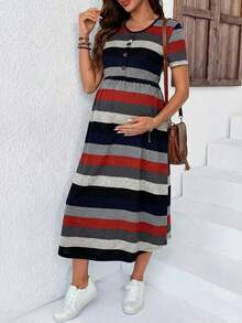 SHEIN Maternity Casual Striped Print Short Sleeve Dress - Multicolor - View 7