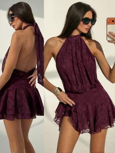 Aloruh 女士花卉蕾丝荷叶边吊带迷你连衣裙