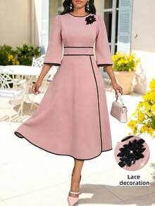 SHEIN Lady Women's Contrast Trim Round Neck Short Sleeve Mid-Length Dress - Baby Pink - View 1